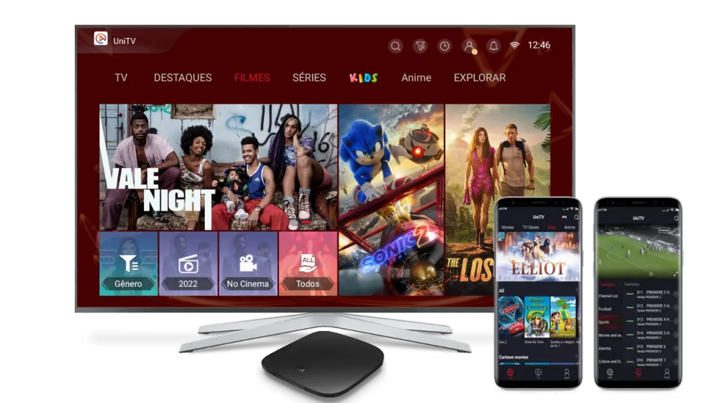 Prévia do aplicativo UniTV em televisão, TV Box e celulares